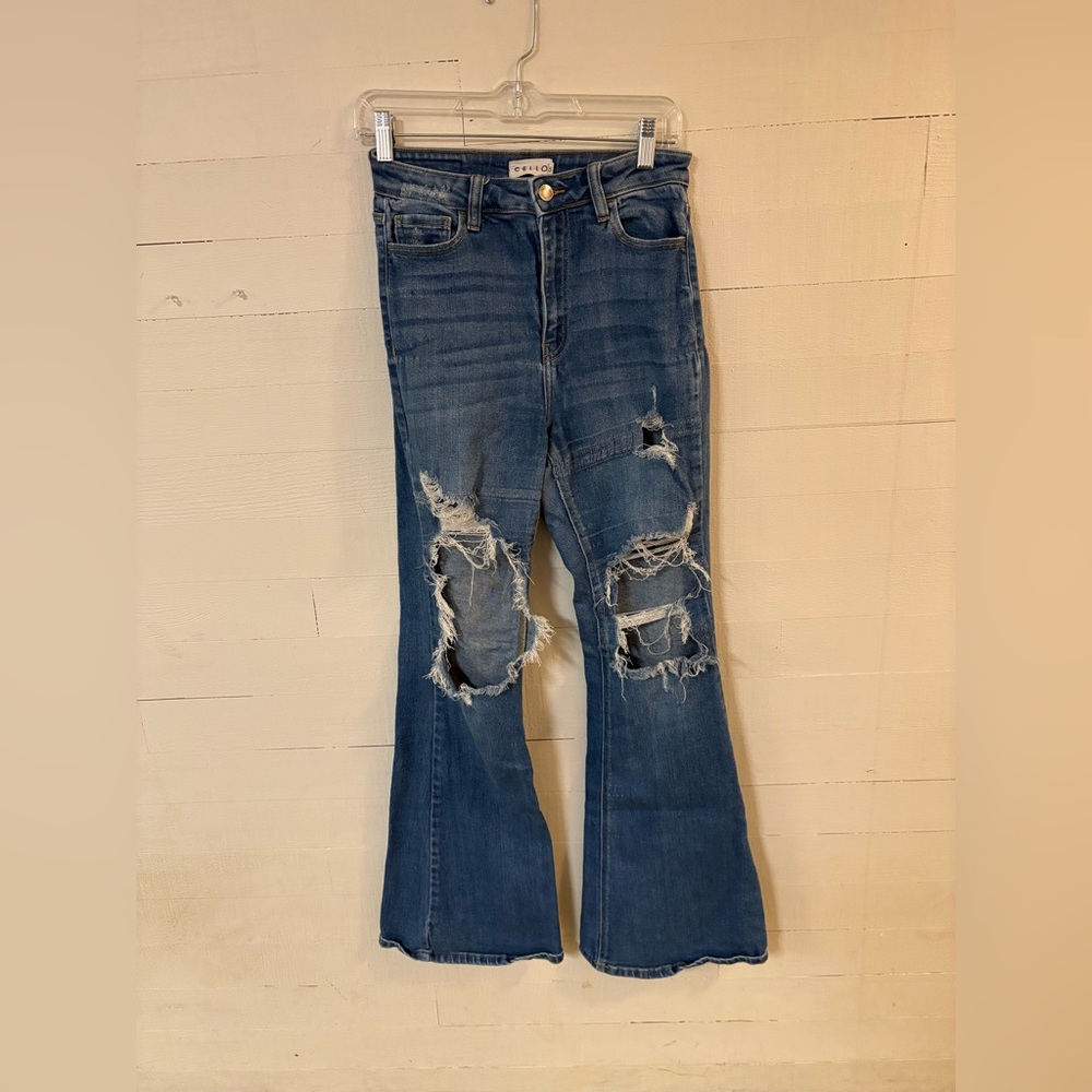 Cello High Rise Distressed Flare Jeans Size 5 Women’s Blue Denim